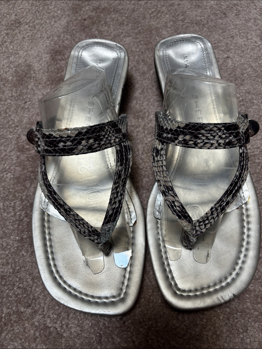 Marc Fisher Silver Sandals with Black Snake-Print Straps
